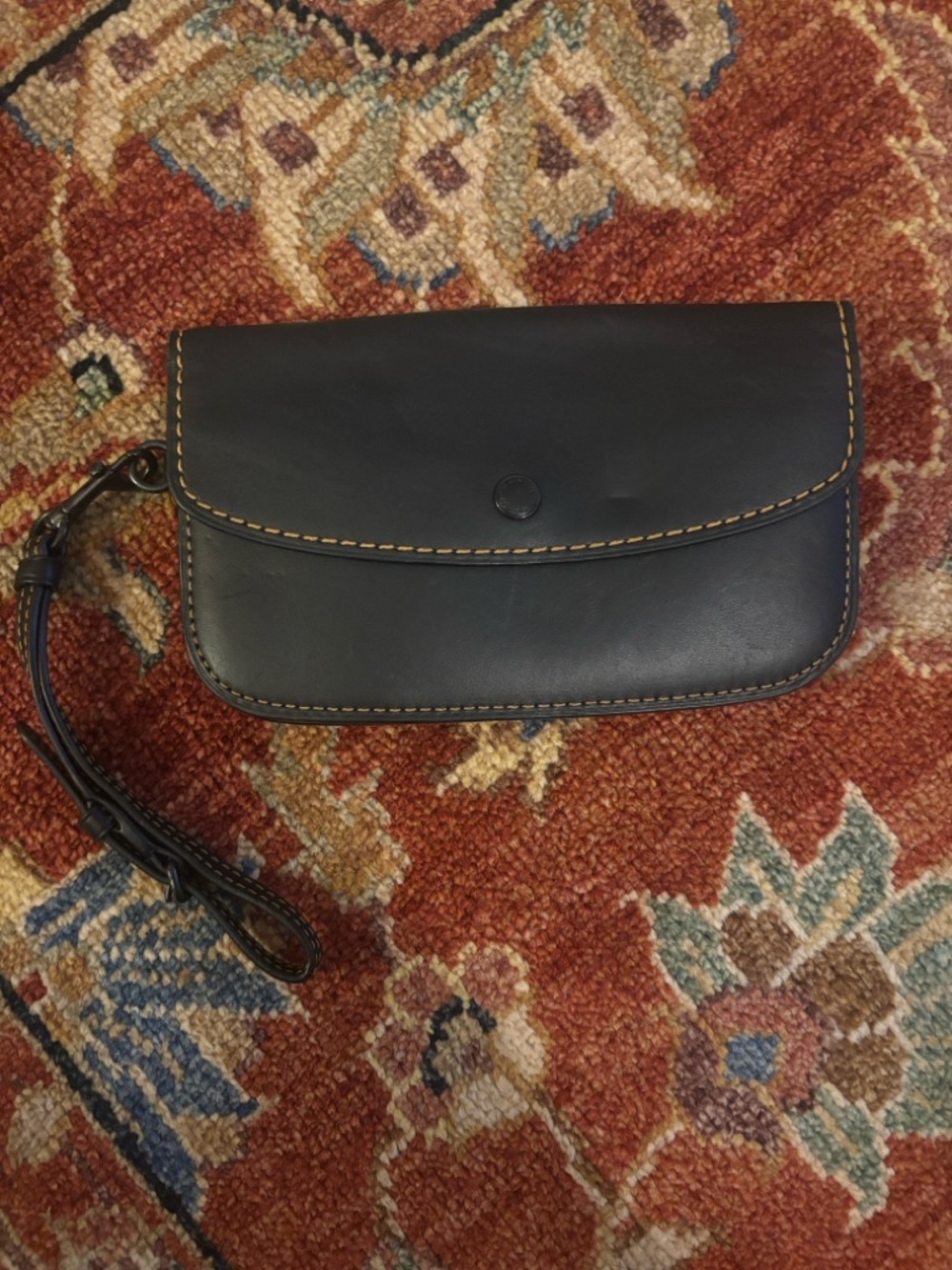 Coach Black Leather Wristlet with Contrasting Yellow Stitching - Picture 2 of 8